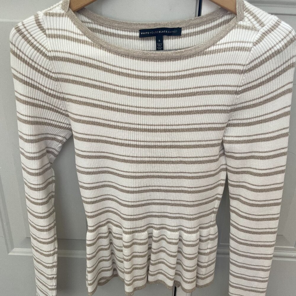 White and Gold Metallic White House Black Market Sweater with Peplum size S
